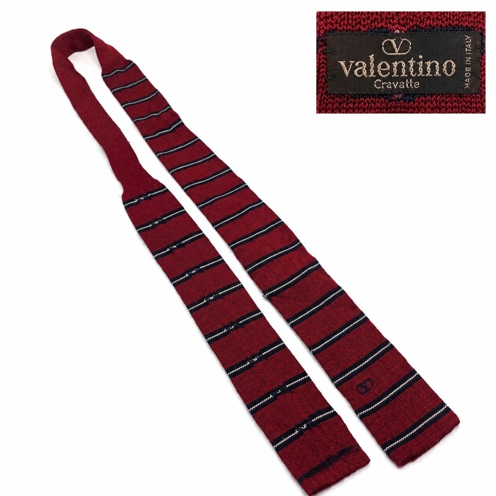 Vintage Valentino Garavani Knit Tie Burgundy Stripe Slim Italy Luxury‎ Rare
